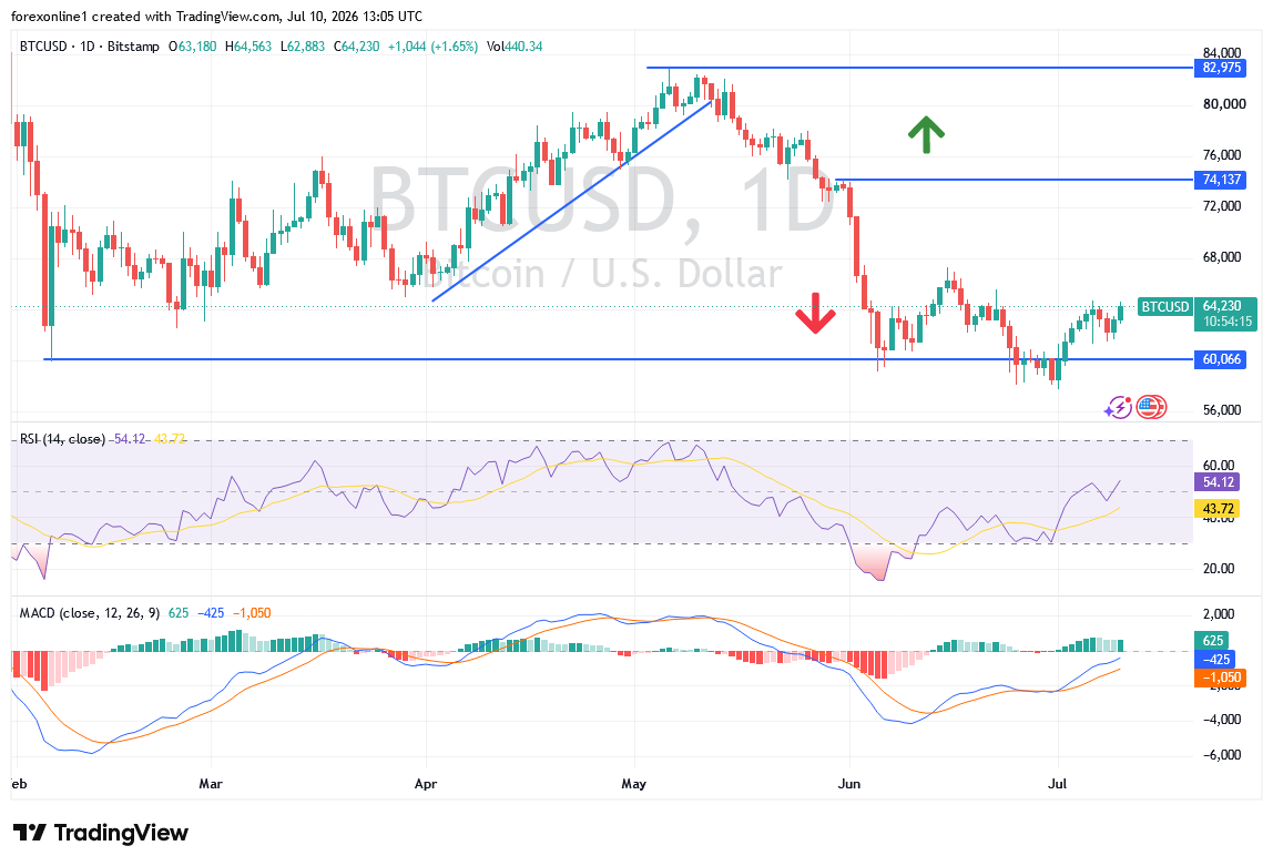 زوج البيتكوين مقابل الدولار BTCUSD يتجه لكسر مقاومة حاسمة 65 الف دولار