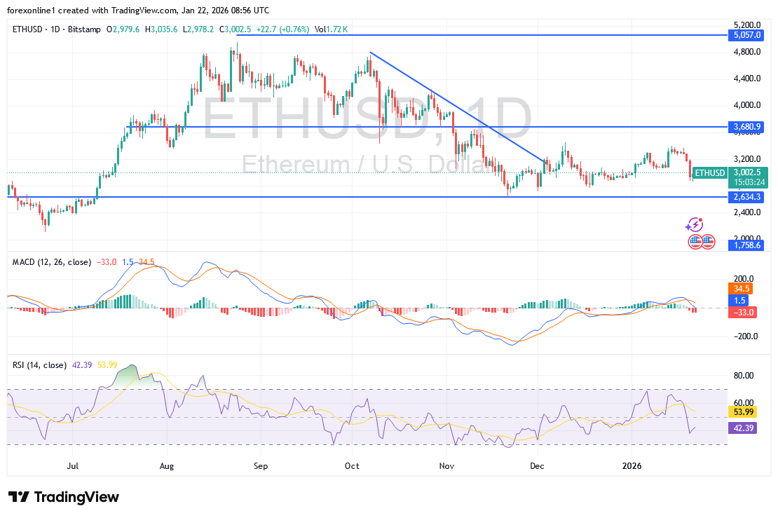 عملة الايثريوم ETH تحاول الحفاظ على مستوى ال 3000 دولار لتفادى مزيد من الانهيار