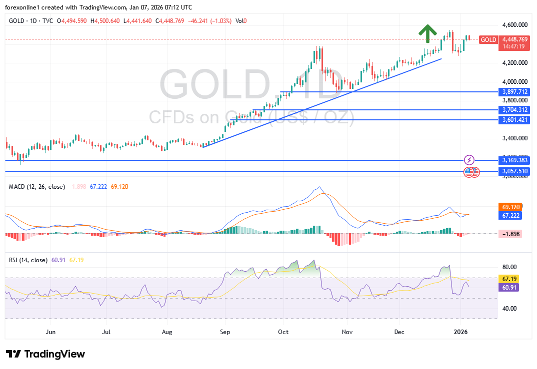 توقعات محللين الذهب اليوم الاربعاء 7 يناير 2026: مؤشر الذهب اليوم متجه الى كسر مستويات قياسية