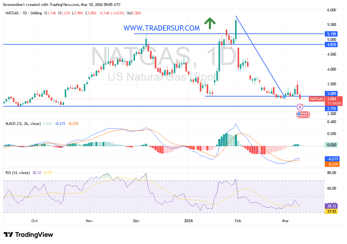 تحليل أسعار الغاز الطبيعي NATGAS/USD: الاستقرار دون 3 دولارات يفتح الطريق لمزيد من الخسائر