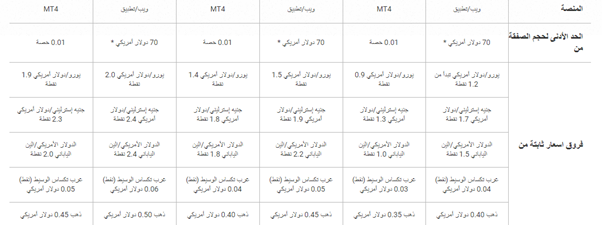 جدول يحتوي على أنواع الحسابات والمميزات في الشركة