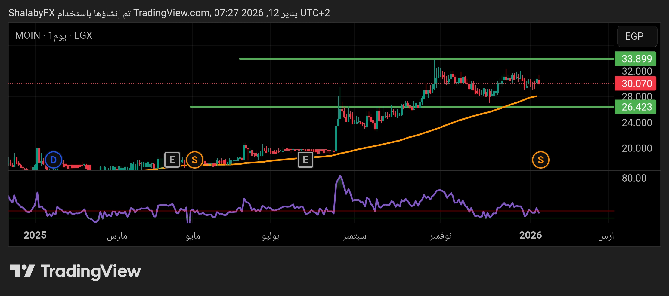 سهم المهندس للتأمين في بورصة مصر يعود إلى اختبار مستوى الدعم عند سعر 30.00 جنيه مصري
