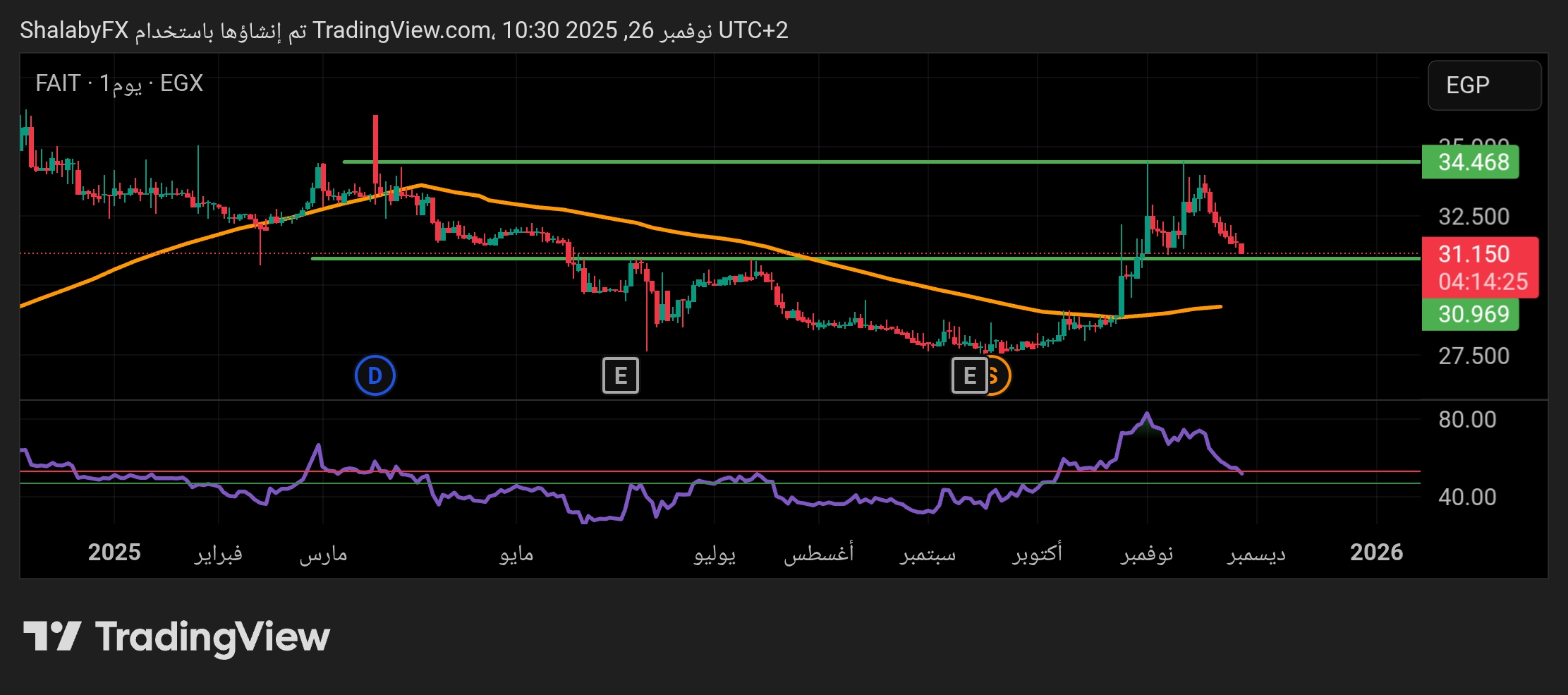 سهم بنك فيصل الإسلامي في بورصة مصر يصل إلى مستوى الشراء عند سعر 30.96 جنيه مصري